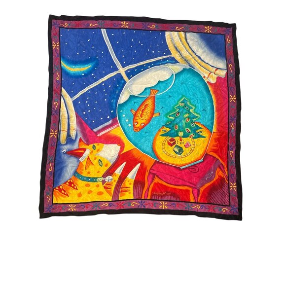 K. McDonald 1994 Vintage Silk Scarf – Cat & Fishbowl Christmas Scene, 36”x36”, S - Picture 2 of 6